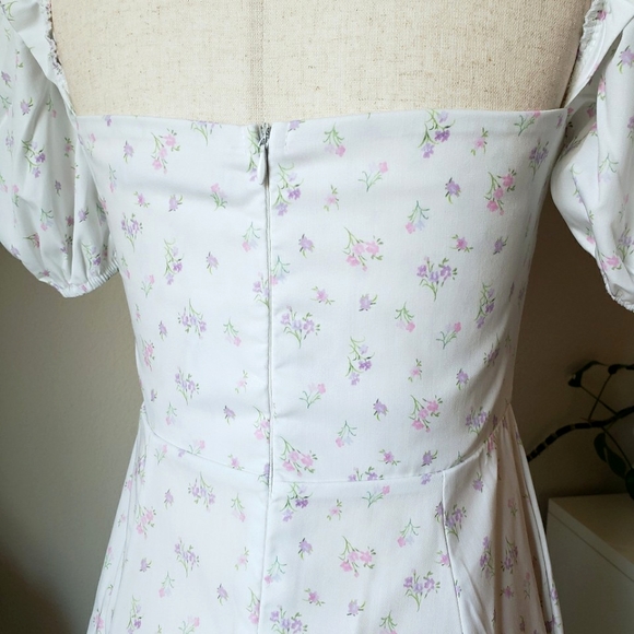 White Floral Print Puff-Sleeve Square Neck Midi Maxi Dress - Picture 8 of 12